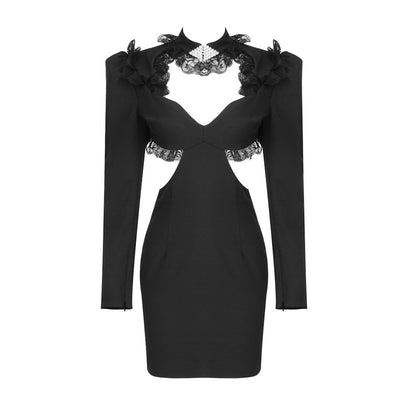 LOVECCR Hot trade black long-sleeved hollow elastic shoulder pads short  hip-wrapped dress high-end 2025 women's clothing autumn and winter