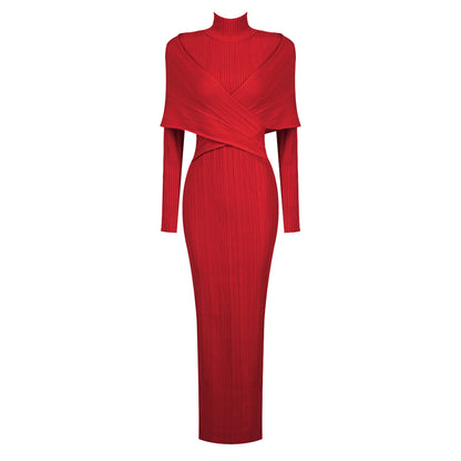 LOVECCR 2025 women's clothing Christmas new red long-sleeved cross-knitted jacquard bandage dress turtleneck long dress winter