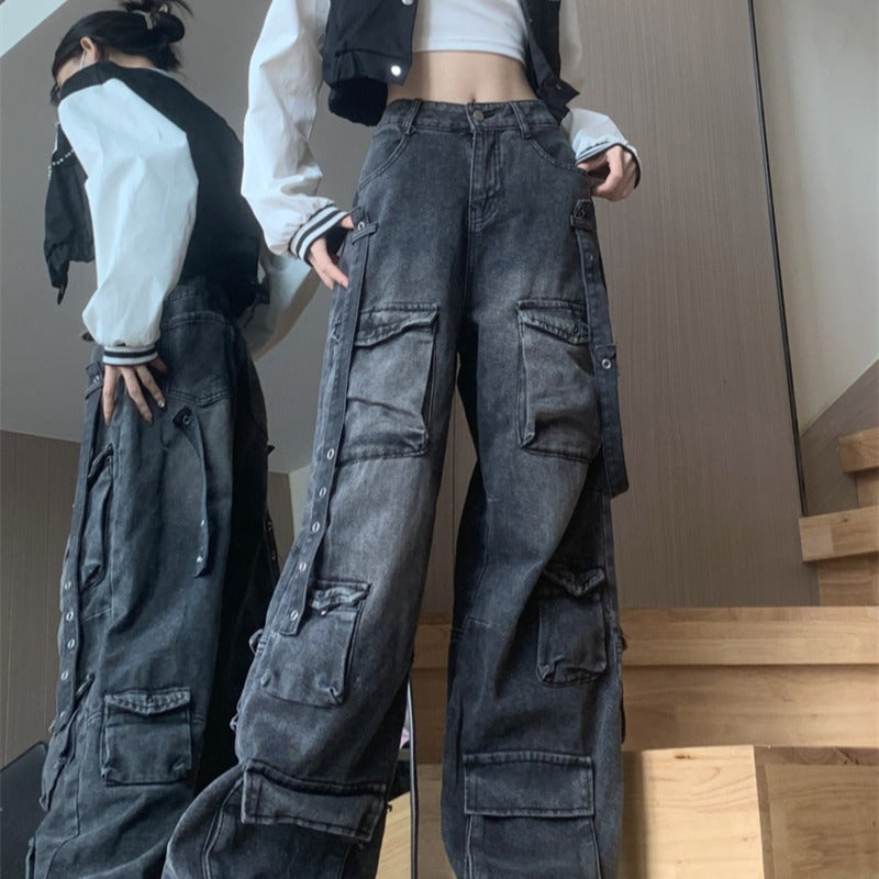 Multi-Pocket Design High Street American Workwear Jeans Women's Wide Leg Loose Trendy Brand Niche Washed Distressed Pants