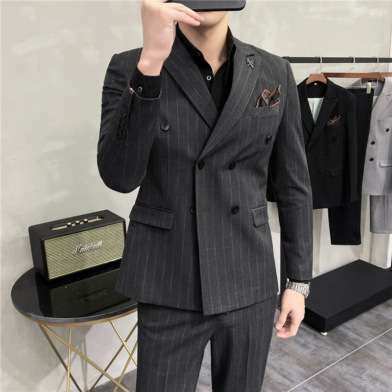 LOVECCR  Suit Suit Men's Three-Piece Casual Striped Suit Korean Style Slim-Fitting Suit Bridegroom Handsome Wedding Dress Fashion