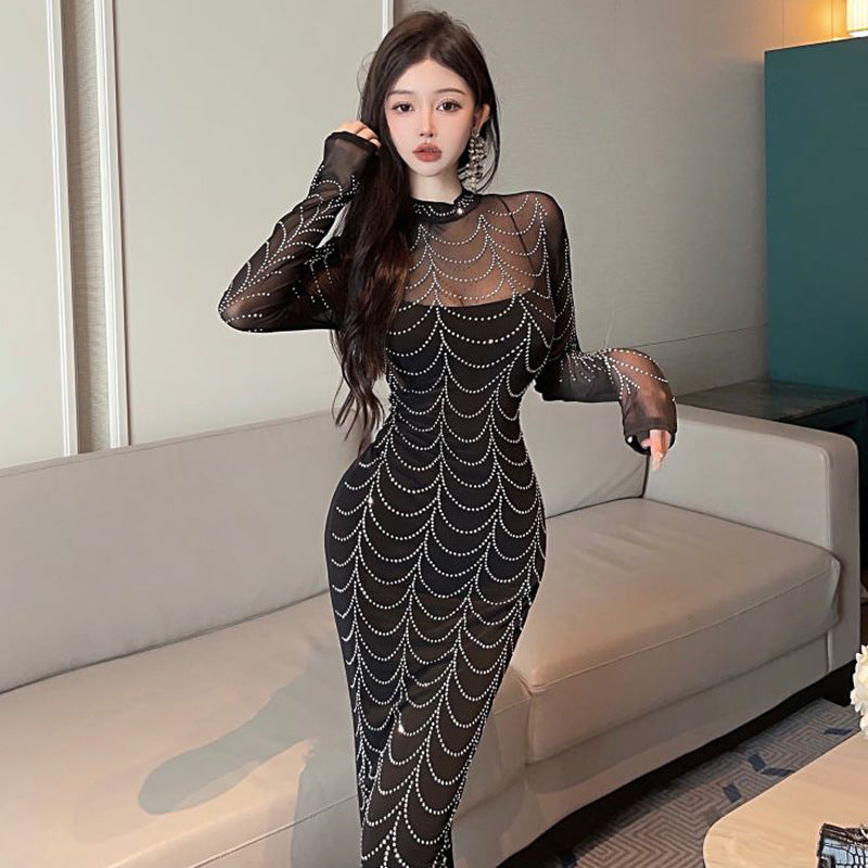 LOVERCCR  0352  Southeast Asia Foreign Trade Wholesale  Women's Clothing Sexy Socialite Mesh Hot Drilling Long Dress Dress