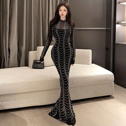 LOVERCCR  0352  Southeast Asia Foreign Trade Wholesale  Women's Clothing Sexy Socialite Mesh Hot Drilling Long Dress Dress