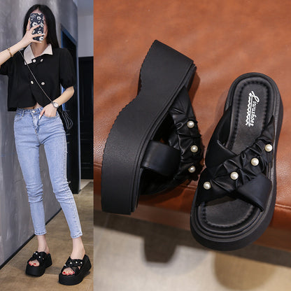 Women's Platform Platform High Heel Slippers Summer Outdoor  New All-Matching Women's Silver Sandals Height Increasing Beach Shoes