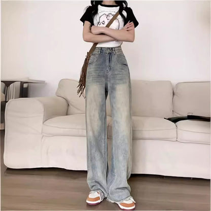 Retro Distressed Wide-Leg Jeans for Women 2024 Spring and Summer New High Waist Loose All-Match Draping Mop Straight Pants