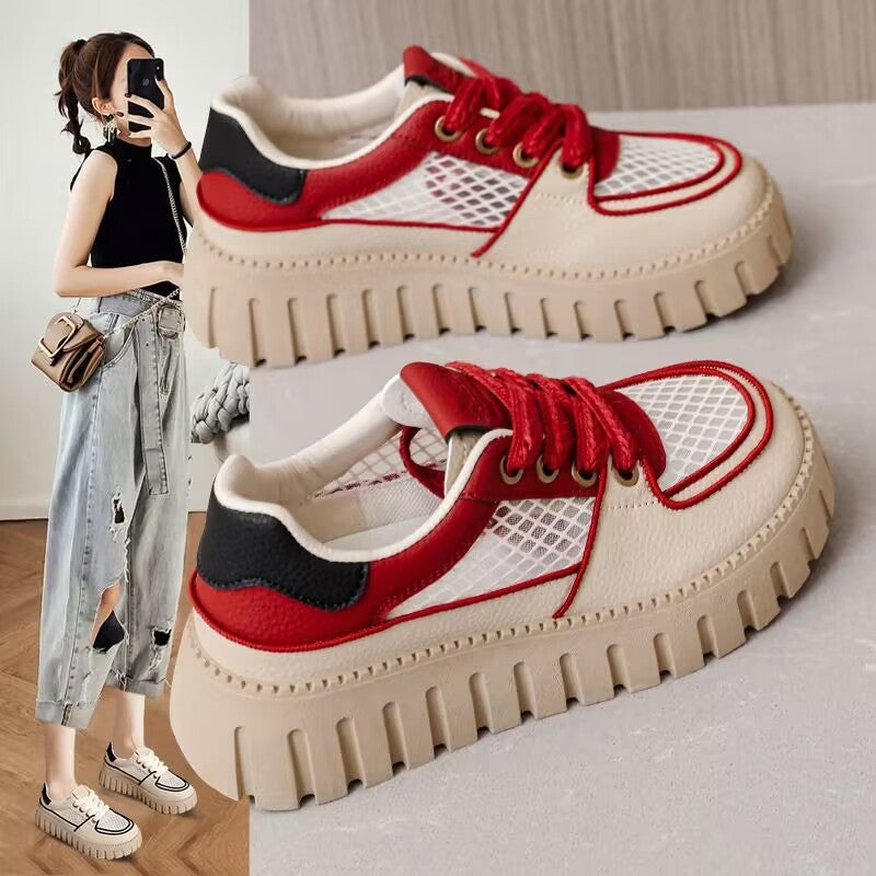 loveccr Women's Thick-Soled Height Increasing Sports White Shoes Mesh Surface Shoes  Summer New Mesh Breathable Platform Board Shoes Thin