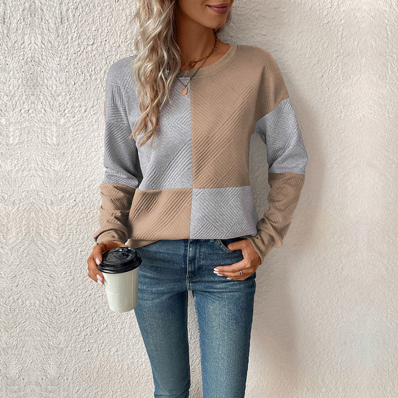 LOVECCR 2025 women's clothing Hot autumn new  long-sleeved color matching pullover round neck texture sweater women's models