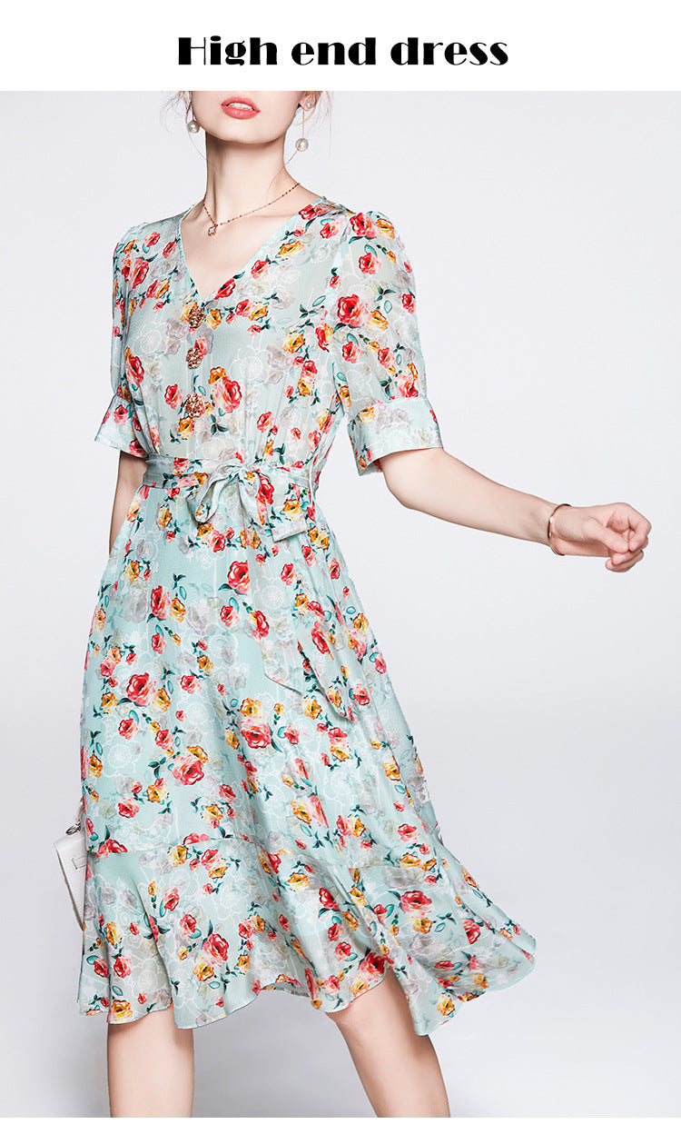Floral Skirt  Style  New Summer Fashion V-neck Small Tight Waist High-Grade Mulberry Silk Silk Dress
