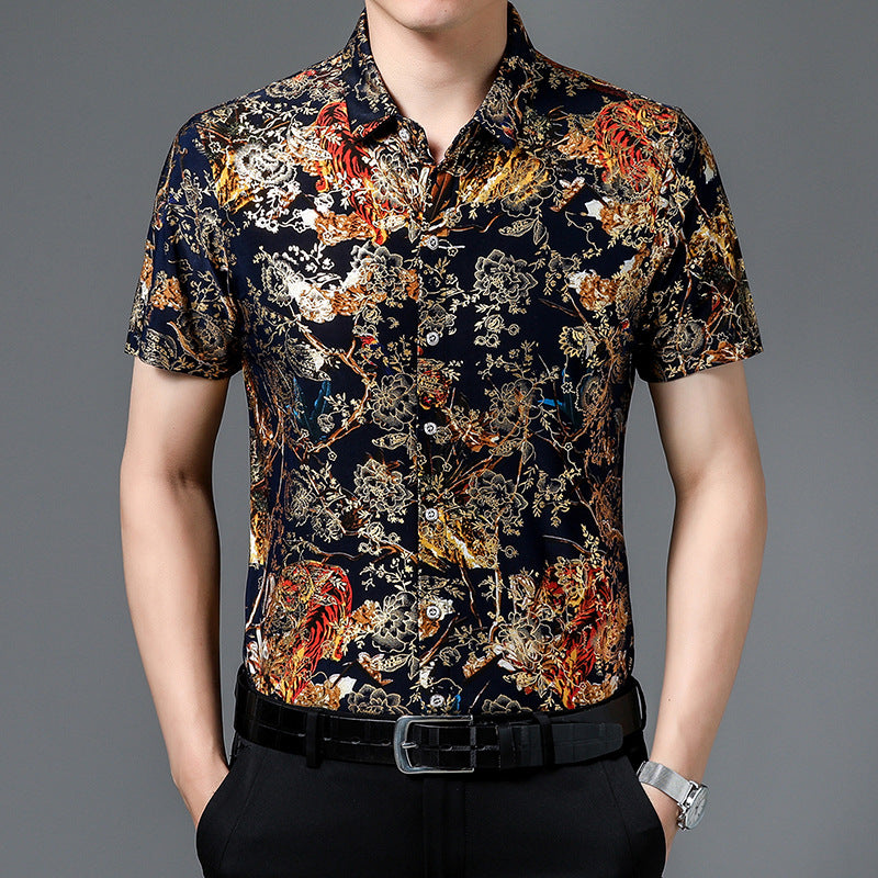 Middle-Aged Men's Summer Short Sleeve Printed Shirt Loose Non-Ironing Casual Half Sleeve Ice Silk Shirt Bronzing Thin Top Fashion