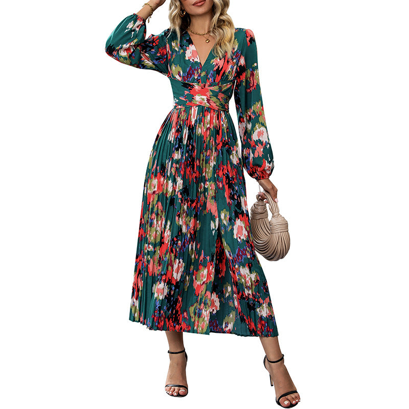 LOVECCR foreign trade pleated long dress Hot autumn new 2025 women's  printing long-sleeved jumpsuit