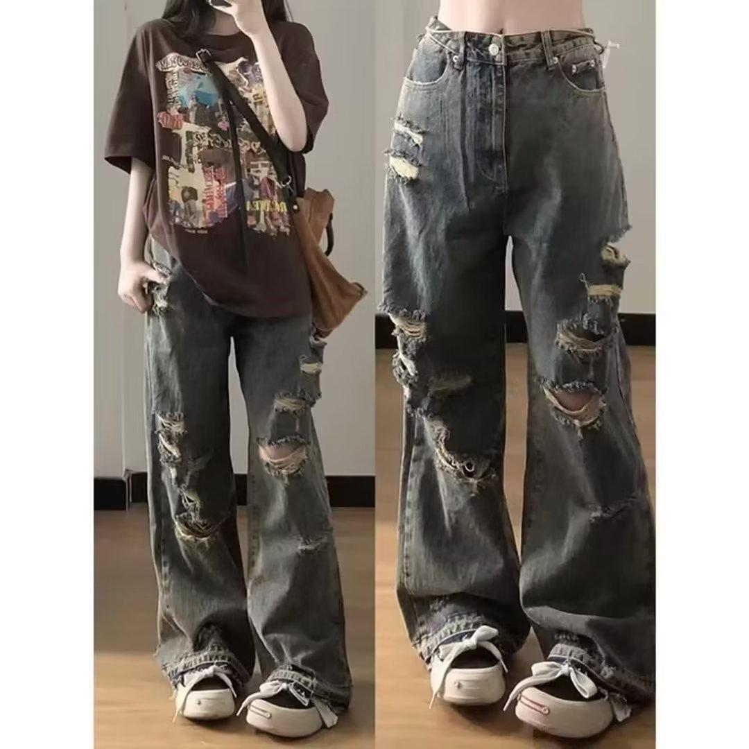 Pants High Street Ins National Fashion Loose Wide Leg European and American 2024 High Waist Ripped Jeans Women's Summer One Piece Dropshipping