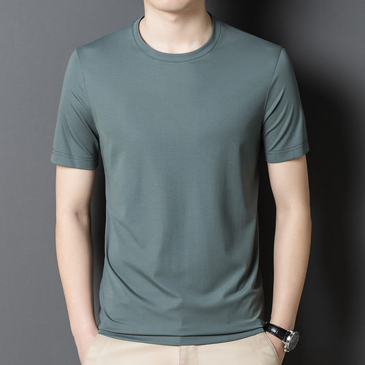 Famous Brand Authentic Mulberry Silk Men's T-shirt Short  Summer round Neck All-Matching Youth Middle-Aged Men's Silk Top