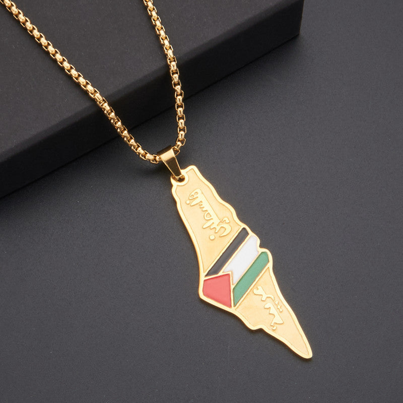 LOVECCR Hot Sale Cross-Border Dripping Oil Vintage Palestine Map Pendant Necklace Stainless Steel Fashion Personalized Pendant