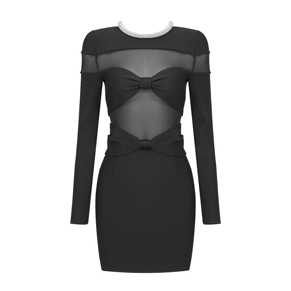 LOVECCR popular autumn and winter new bow mesh diamond strip bandage dress New black long-sleeved semi-transparent inner women's clothing