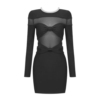 LOVECCR popular autumn and winter new bow mesh diamond strip bandage dress New black long-sleeved semi-transparent inner women's clothing