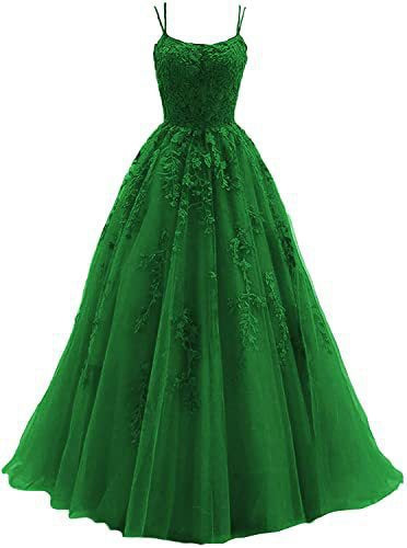 LOVECCR Evening Dress Women  Spaghetti Strap Prom Dress Long Tulle Lace Applique Women's Party Ball Gown Summer