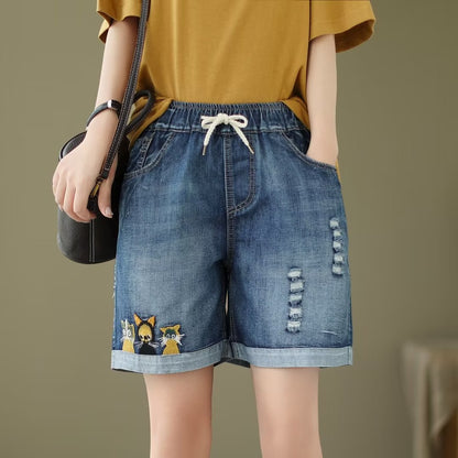 Japanese Style Denim Shorts Women's Summer Thin Loose Slimming Retro Casual Embroidered Shorts Wide Leg Pants