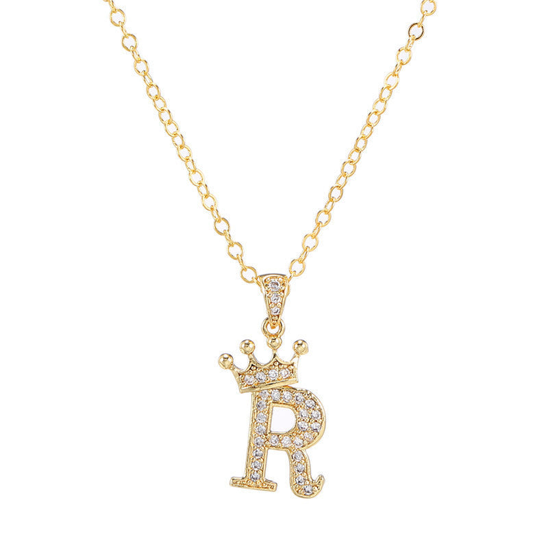 New Fashion Copper Inlaid Zircon Crown English Letter Personality Pendant Simple Women's Necklace Necklace Jewelry Manufacturer