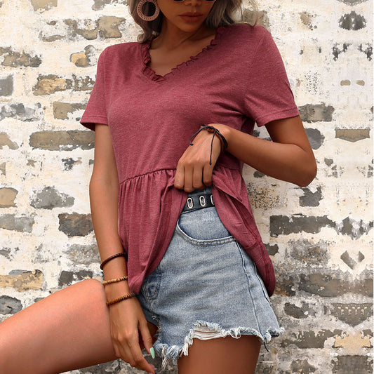 LOVECCR New Cross-border popular New Summer 2025 V-Neck Casual Solid Color Loose T-Shirt Short Sleeve Top Women