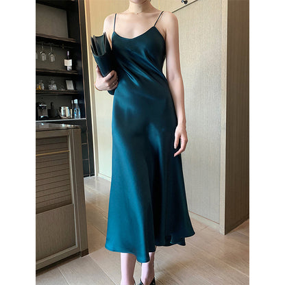 Spring and Summer Hot-Selling Acetic Acid Dress Satin Slim All-Match Internet Celebrity Halter Skirt TikTok Set Long Dress