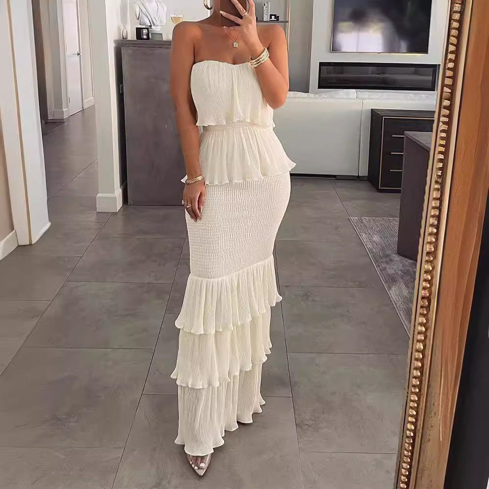 LOVECCR European and American  New High-End Temperament Solid Color Sexy Slim Women's Tube Top Smocking Pleated Ruffled Long Dress