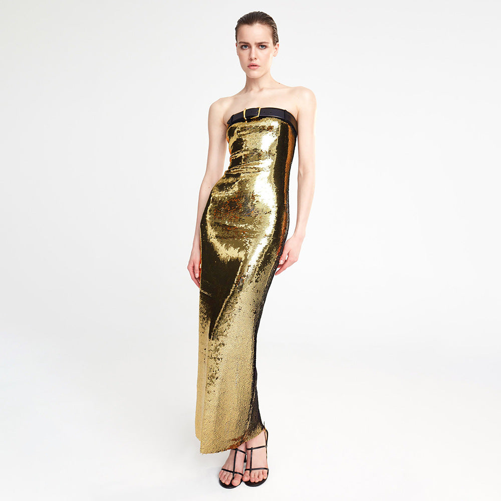 LOVECCR 2023 summer new 2025 women's clothing gold sequined belt tube top skirt high-end dress  long dress