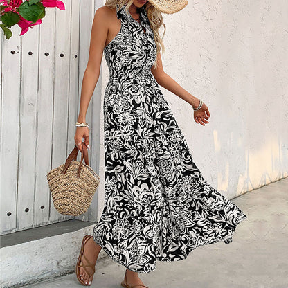 LOVECCR Hot  temu summer new comfortable pattern bamboo hemp dress neck sleeveless high waist long dress