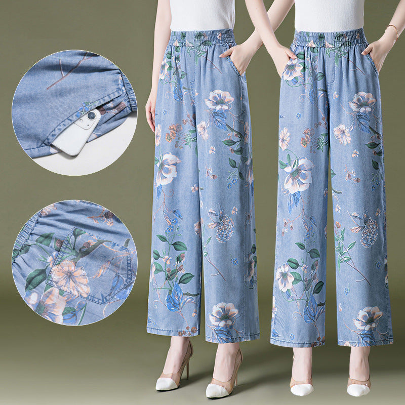 9258 Lyocell Jeans Wide Leg Pants Cropped Middle-Aged Women's Pants Colorful Pants Chinese Style Mom Culottes Summer Cool