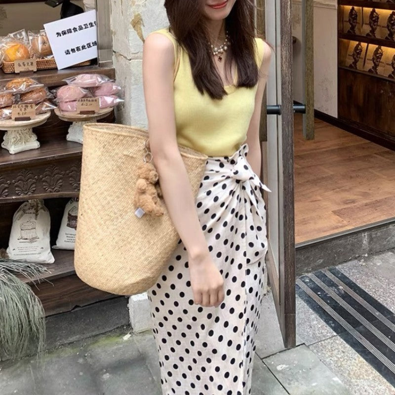 Fashionable Elegant Women's New Summer Clothes Matching Set of Age-Reducing Beautiful Western Style Yellow with Polka Dots Dress Suit