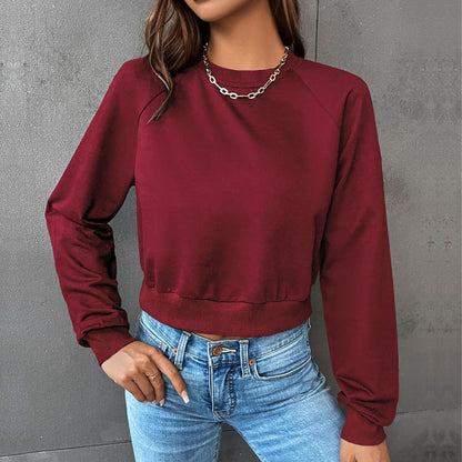 LOVECCR popular new New Popular trade leisure sports ragged sleeves top Popular trade short navel round neck pullover sweater women