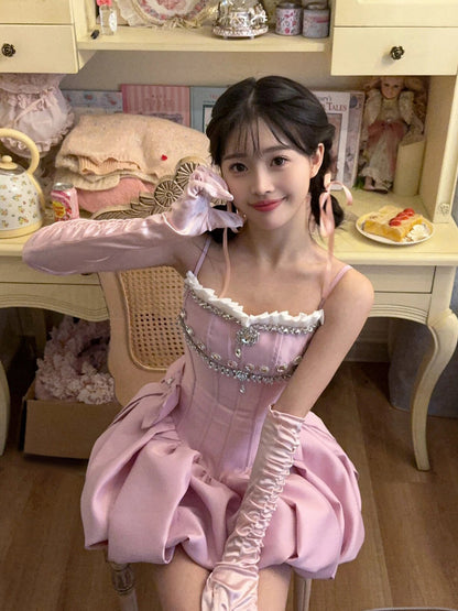 LOVECCR  Sweet and Spicy Style Pink Bra Sling Dress Female Birthday Little Dress Bud Princess Pettiskirt