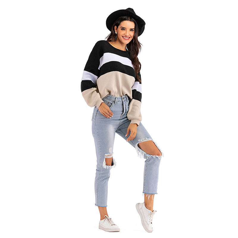 LOVECCR popular Spring and Autumn New 2025 Crew Neck Knitted Striped Contrast Color Long Sleeve Bottom Sweater Women's Short Pullover