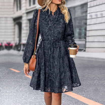 LOVECCR New Hot Trade Black Skirt Hot Autumn New 2025 Jacquard Long Sleeve  Dress