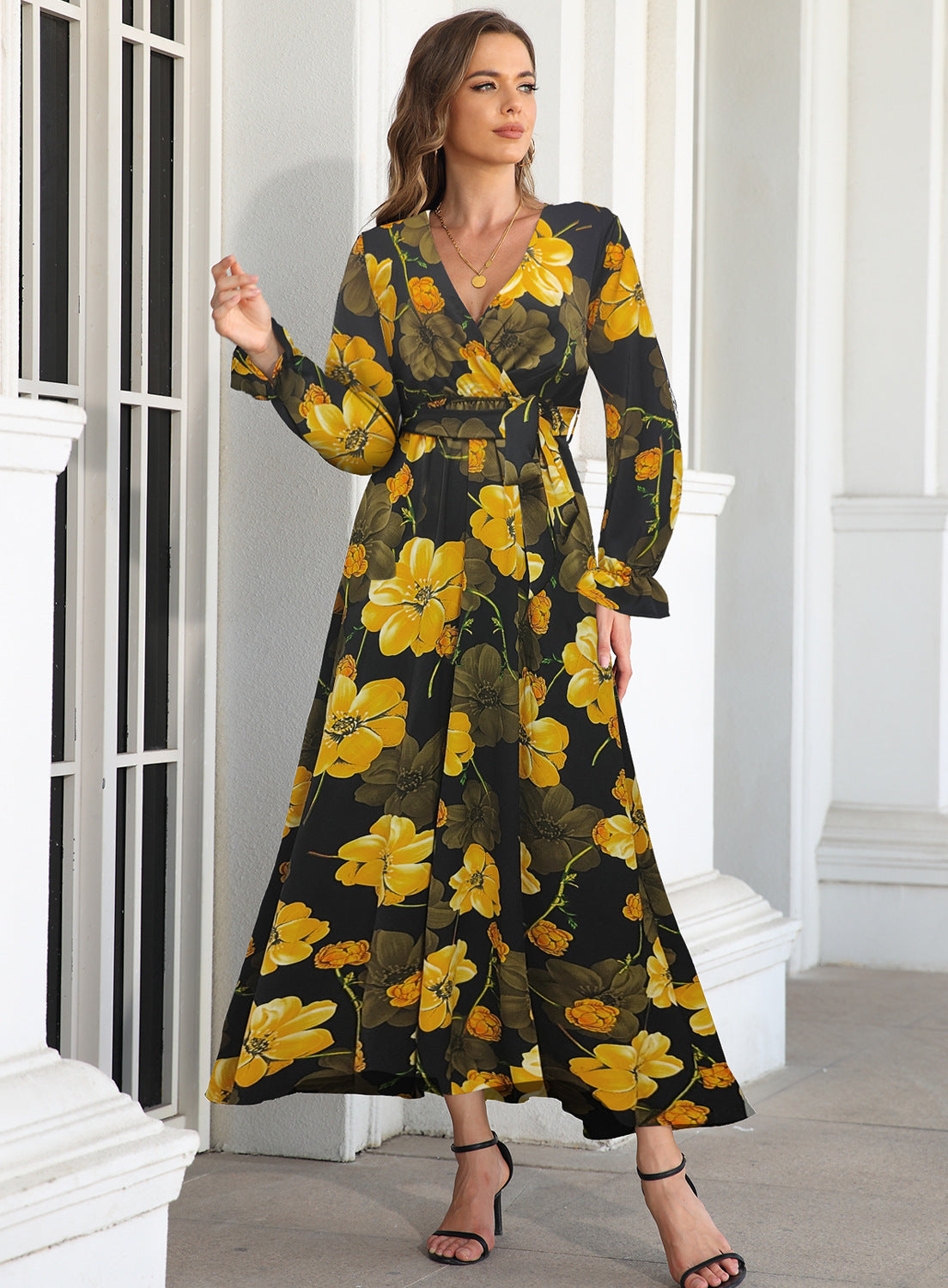 LOVECCR Cross-Border Hot European and American Autumn and Winter New Long Dress V-neck Long Sleeve Foreign Trade Wholesale Dress