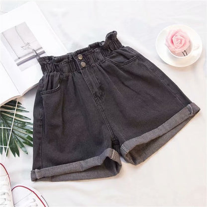 Denim Shorts Women's Summer Korean Style Elastic Waistband Straight Loose Slimming and All-Matching High Waist Curl A- line Wide-Leg Hot Pants