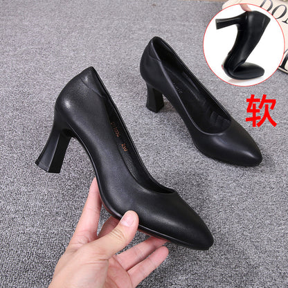 loveccr  Genuine Leather Stewardess Work Shoes Women's Black Leather Shoes Small Heel Professional Business Workwear Formal Wear Mid-Heel High Heel Interview Women's Shoes