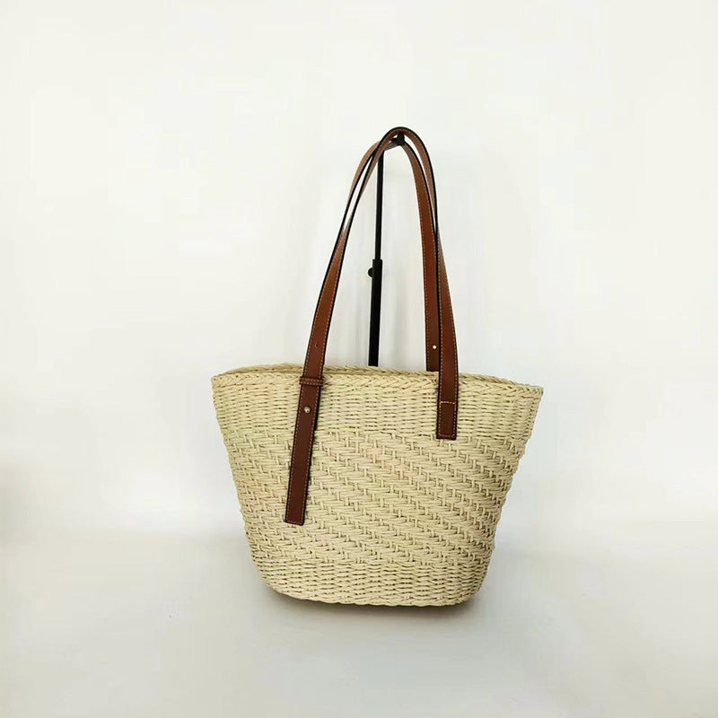 loveccr New Straw Shoulder Bag Large Capacity Totes Woven Bag Portable Beach Bag Handmade Korean Style Seaside Vacation Bag