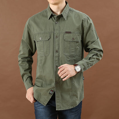 Men's Casual Loose Long-Sleeved Shirt New plus Size Solid Color Young and Middle-Aged Shirt Autumn Workwear Pocket Style