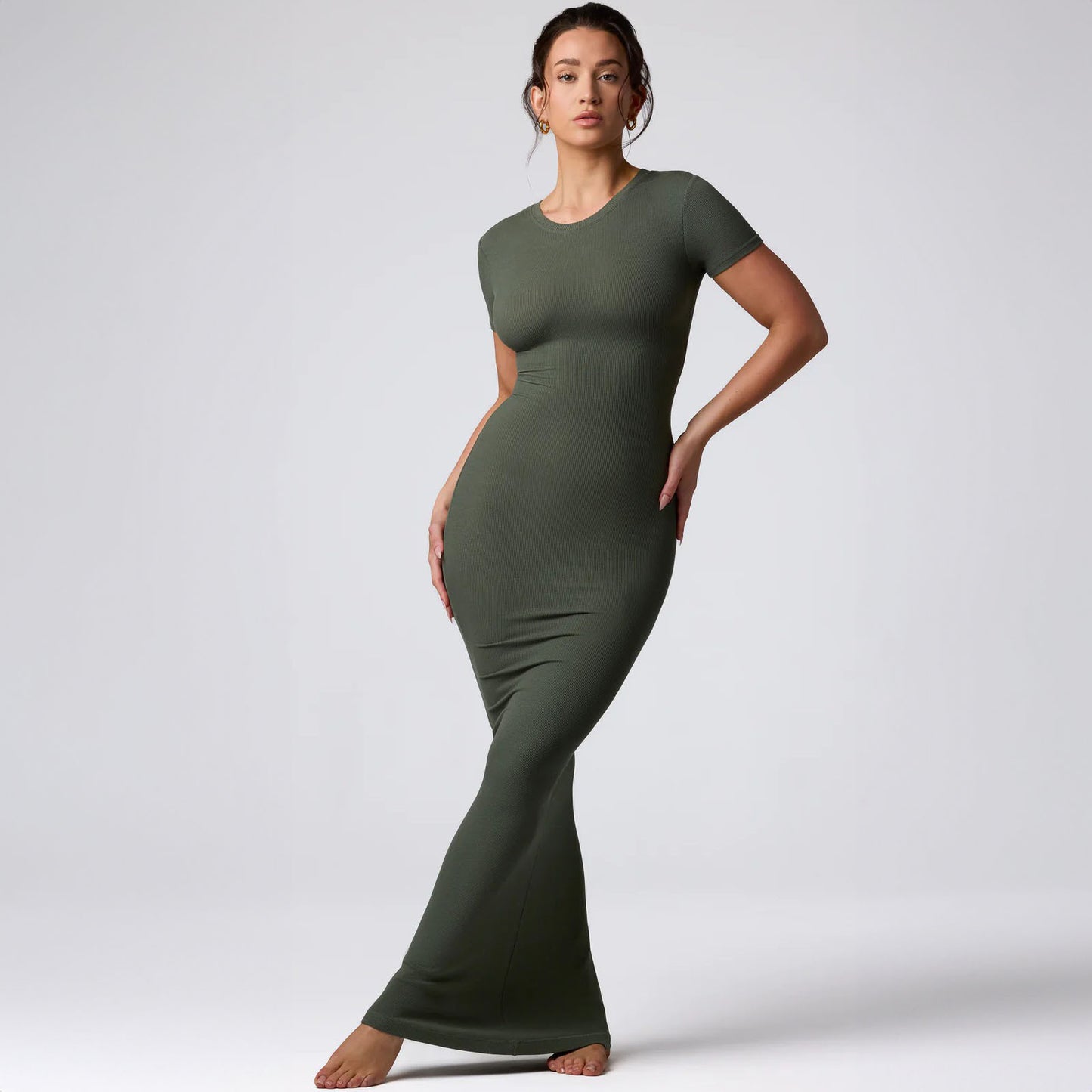 LOVECCR  cross-border women's clothing Hot spring and summer new fashionable solid color round neck short sleeve slim hip wrap long dress