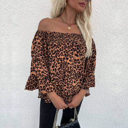 LOVECCR Cross-border New Autumn New Women's Clothing Loose One-Word Shoulder Pullover Bottom Leopard Chiffon Shirt