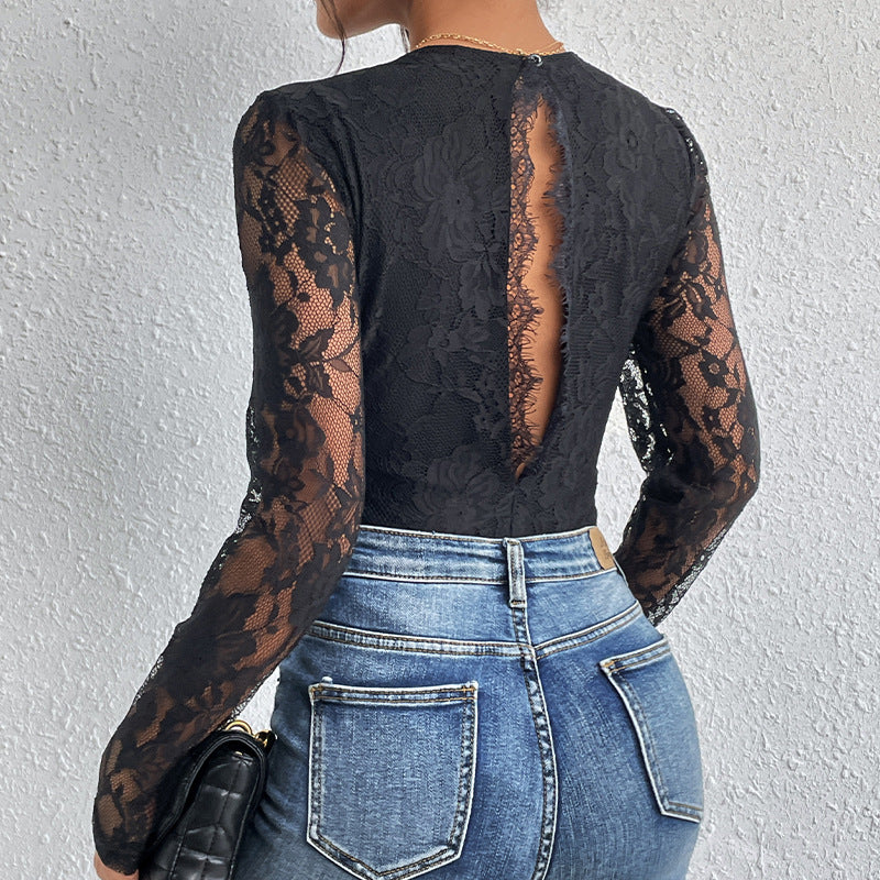 LOVECCR 2025 foreign trade explosion lace splicing long-sleeved onesie slim-fitting lace V-neck women's clothing hollowed-out jumpsuit at the back