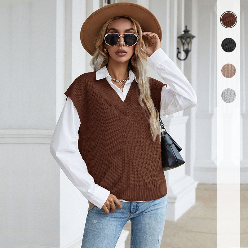 LOVECCR Hot  new autumn solid color v-neck knitted sweater commuter sleeveless vest vest 2025 V-neck top