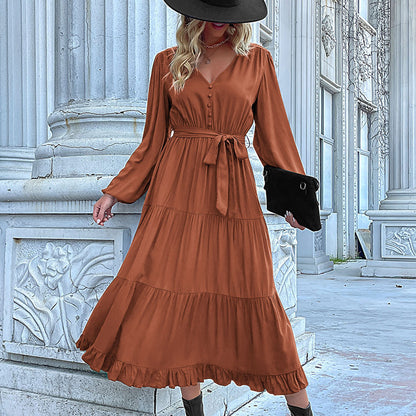 LOVECCR Hot autumn and winter new   2025 foreign trade women's long-sleeved pleated splicing dress