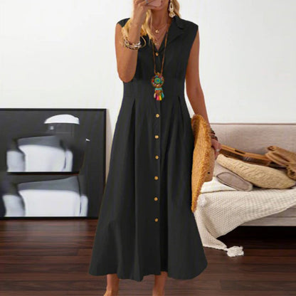 LOVECCR European American Summer New Skirt  Lapel Women's A- line Vintage Cotton Linen Long Dress