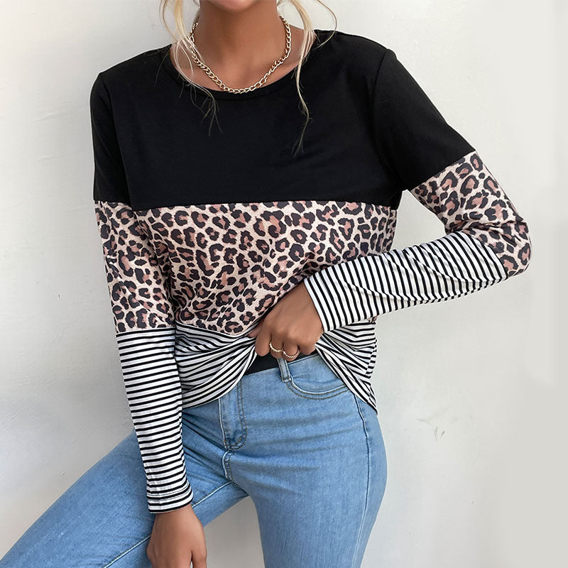 LOVECCR Popular trade popular autumn 2025 contrasting color pullover top round neck street leopard print splicing bottoming T-shirt women