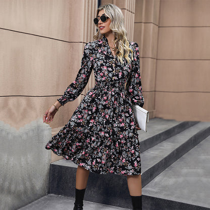 LOVECCR New Hot Trade Tie Skirt Hot Autumn New 2025  Long Sleeve Floral Dress