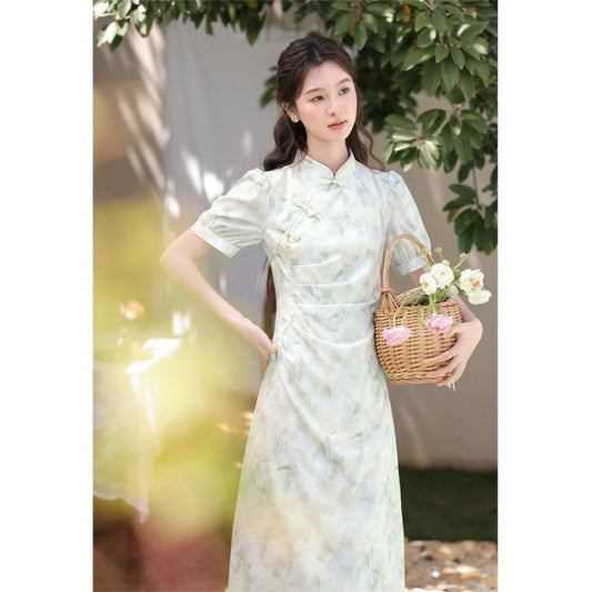 LOVECCR Fresh Style Green Floating New Chinese Style Light Green Short Sleeve Dress Ancient Style Tight Waist Niche Elegant Thin Fresh Cold Style Cheongsam