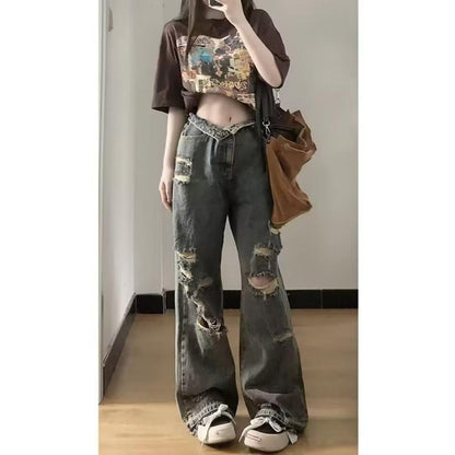 Pants High Street Ins National Fashion Loose Wide Leg European and American 2024 High Waist Ripped Jeans Women's Summer One Piece Dropshipping