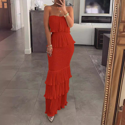 LOVECCR European and American  New High-End Temperament Solid Color Sexy Slim Women's Tube Top Smocking Pleated Ruffled Long Dress