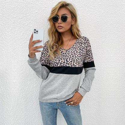 LOVECCR popular autumn new 2025 contrasting colors leopard print v-neck pullover casual top bottoming long-sleeved t-shirt wholesale