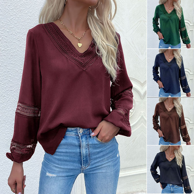 LOVECCR New women's clothing popular spring and autumn long-sleeved shirt splicing lace pullover V-neck hollow design shirt